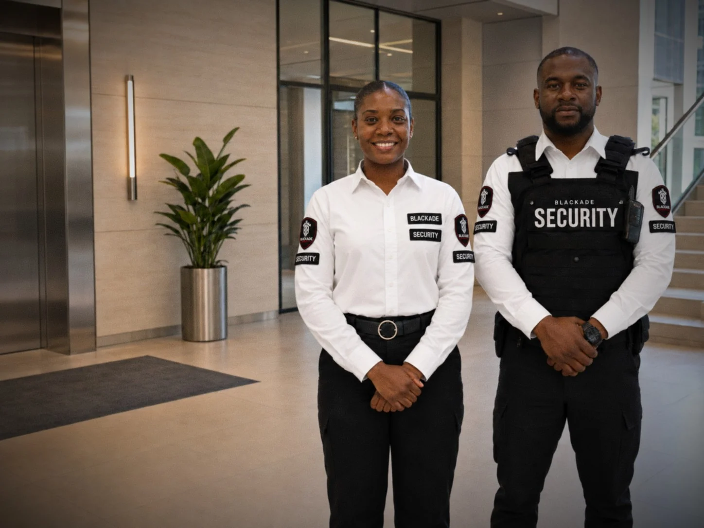 Two Blackade Security guards in corporate lobby