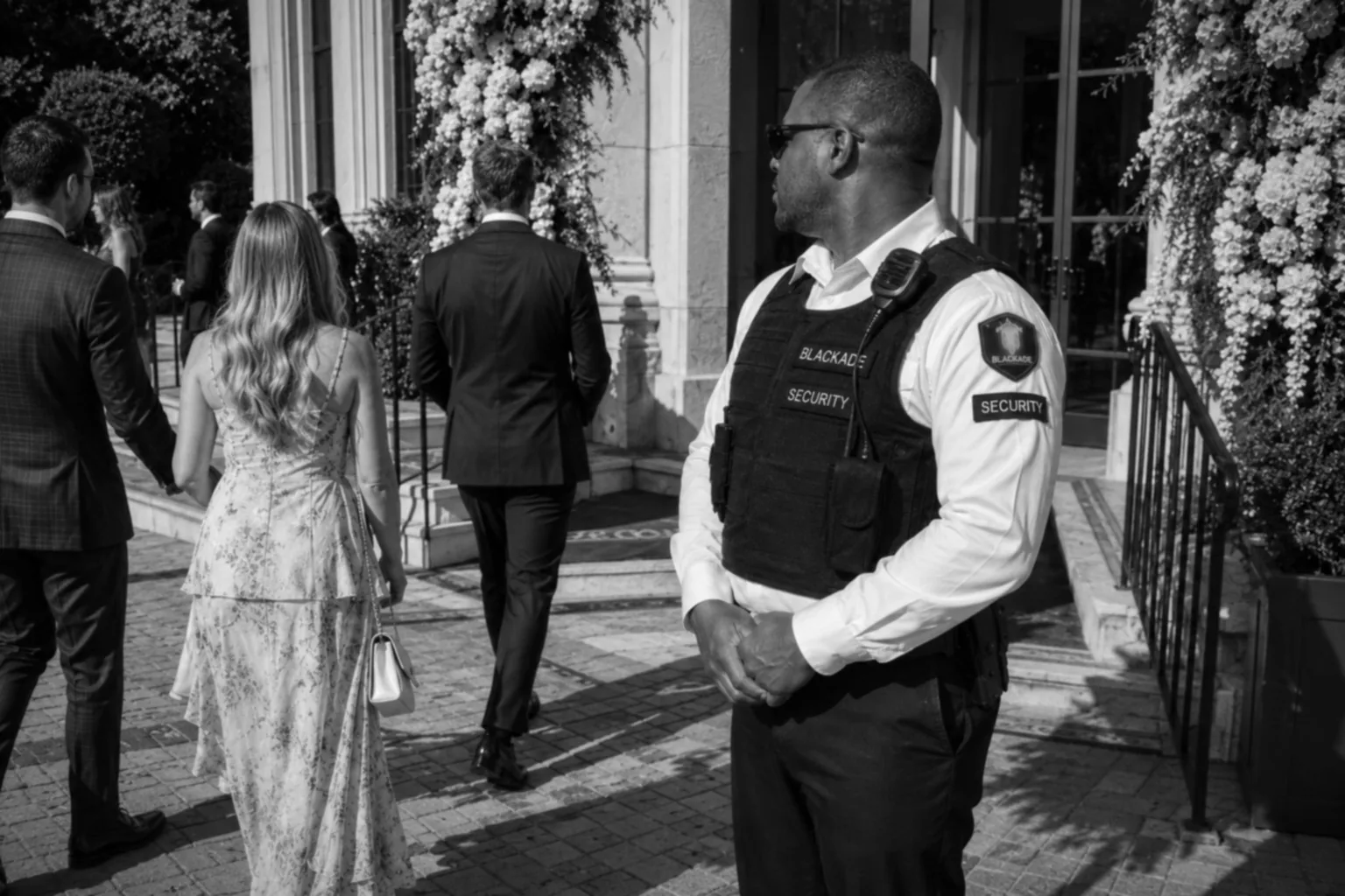 Blackade Security guard greeting guests at a wedding entrance
