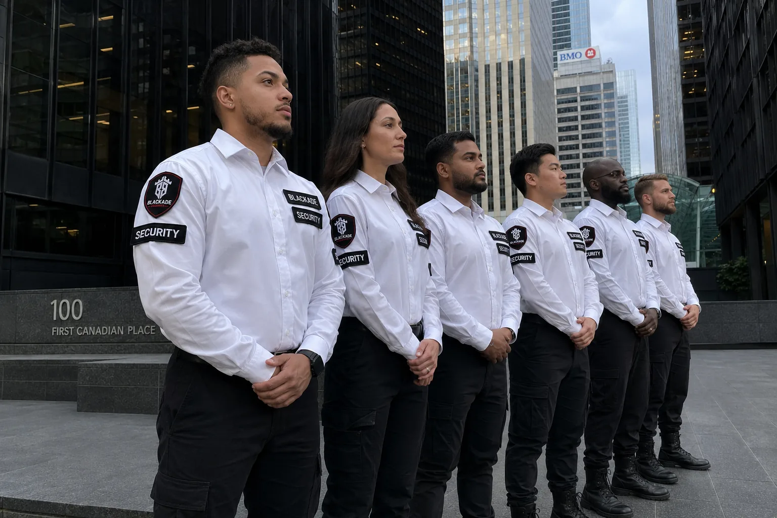 Blackade Security team lined up in uniform outside a downtown Toronto office tower