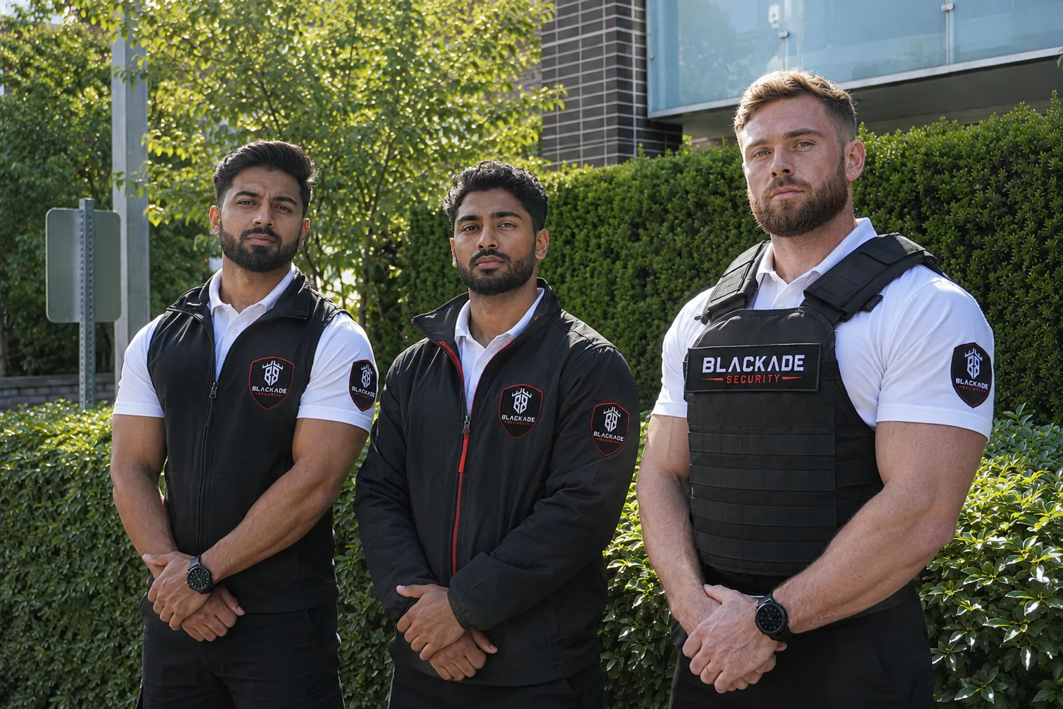 Three Blackade security professionals standing ready outside a GTA property